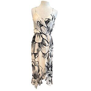 Parker Black & White Floral Silk  Midi Dress Spaghetti Straps Lined Womens